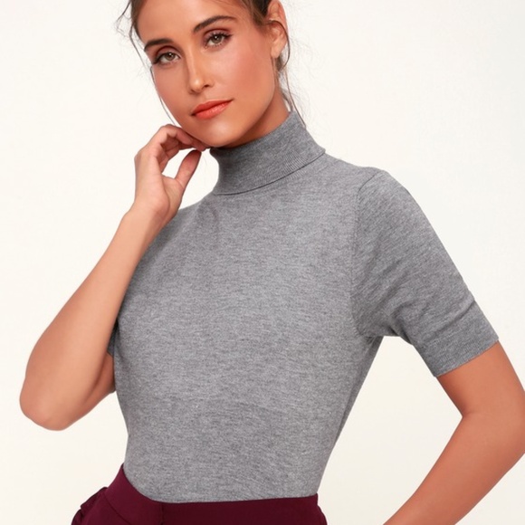 Lulus Touch Of Class Grey Short Sleeve Turtleneck Top - Size Medium - Picture 1 of 1
